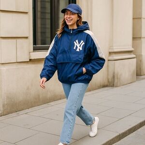 NY Yankees Pullover Jacket – Size L | Navy Blue Colorblock Hooded Windbreaker